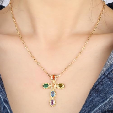 Elegant Gold Multi-Gemstone Cross Pendant Necklace