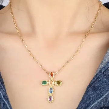 Elegant Gold Multi-Gemstone Cross Pendant Necklace