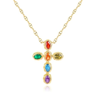 Elegant Gold Multi-Gemstone Cross Pendant Necklace