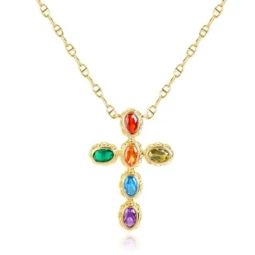 Elegant Gold Multi-Gemstone Cross Pendant Necklace