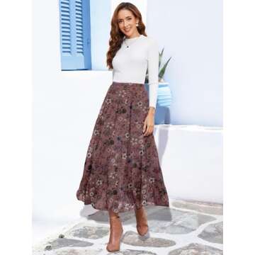 NASHALYLY Women's Chiffon Elastic High Waist Pleated A-Line Flared Maxi Skirts(Dusty Pink Floral,XL)