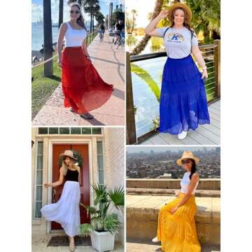 NASHALYLY Women's Chiffon Elastic High Waist Pleated A-Line Flared Maxi Skirts(Dusty Pink Floral,XL)