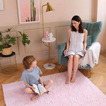 Yome Area Rug, Shaggy Home Decor Floor Rug, Carpet Overlocking on Edges, Ultra Soft Carpet for Bedroom, Living Room, Children’s Room, Book Room, Fluffy Rug 4 x 5.3 Feet, Pink.