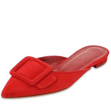 Divanne Mules for Women, Buckle Flat Mules Pointed Toe Backless Mule Slides Suede Slip On Loafers-Re...