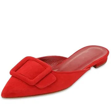 Divanne Mules for Women, Buckle Flat Mules Pointed Toe Backless Mule Slides Suede Slip On Loafers-Re...