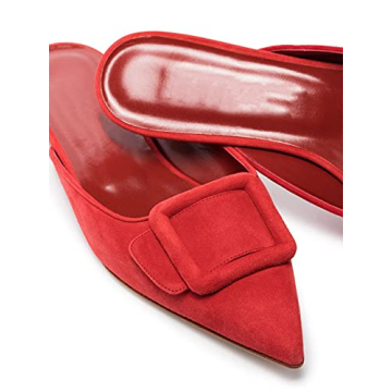 Divanne Mules for Women, Buckle Flat Mules Pointed Toe Backless Mule Slides Suede Slip On Loafers-Red-Suede-11M US