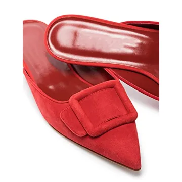 Divanne Mules for Women, Buckle Flat Mules Pointed Toe Backless Mule Slides Suede Slip On Loafers-Red-Suede-11M US