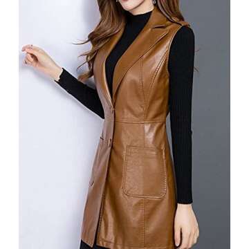 SCOFEEL Womens PU Faux Leather Long Cardigan Vest Casual Open Front Sleeveless Blazer Trench Coat Jacket US Medium, Brown