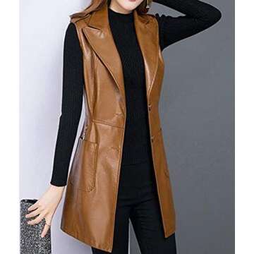 SCOFEEL Womens PU Faux Leather Long Cardigan Vest Casual Open Front Sleeveless Blazer Trench Coat Jacket US Medium, Brown