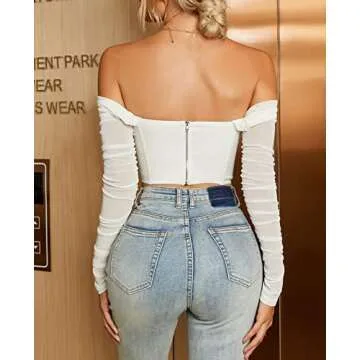 Mesh Sheer Long Sleeve Corset Crop top Ruched off Shoulder Blouse Push Up Party Boned Bustier for Cute Women Trendy