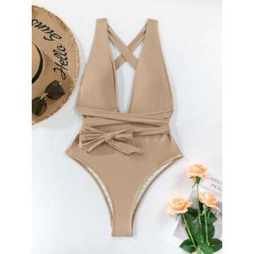 Lilosy Sexy Lace Up Plunge Neck Backless High Waisted Low Cut Leg Rise Thong Cheeky Brazilian 1 Piece Bikini Swimsuit Women Back Bathing Suit Tie Criss Cross Monokini Khaki Large