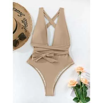 Lilosy Sexy Lace Up Plunge Neck Backless High Waisted Low Cut Leg Rise Thong Cheeky Brazilian 1 Piece Bikini Swimsuit Women Back Bathing Suit Tie Criss Cross Monokini Khaki Large