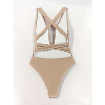 Lilosy Sexy Lace Up Plunge Neck Backless High Waisted Low Cut Leg Rise Thong Cheeky Brazilian 1 Piece Bikini Swimsuit Women Back Bathing Suit Tie Criss Cross Monokini Khaki Large