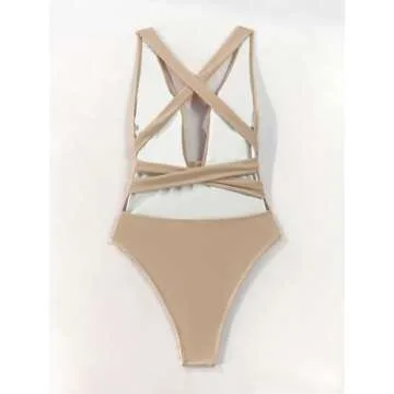 Lilosy Sexy Lace Up Plunge Neck Backless High Waisted Low Cut Leg Rise Thong Cheeky Brazilian 1 Piece Bikini Swimsuit Women Back Bathing Suit Tie Criss Cross Monokini Khaki Large