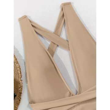 Lilosy Sexy Lace Up Plunge Neck Backless High Waisted Low Cut Leg Rise Thong Cheeky Brazilian 1 Piece Bikini Swimsuit Women Back Bathing Suit Tie Criss Cross Monokini Khaki Large