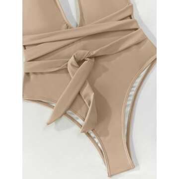 Lilosy Sexy Lace Up Plunge Neck Backless High Waisted Low Cut Leg Rise Thong Cheeky Brazilian 1 Piece Bikini Swimsuit Women Back Bathing Suit Tie Criss Cross Monokini Khaki Large