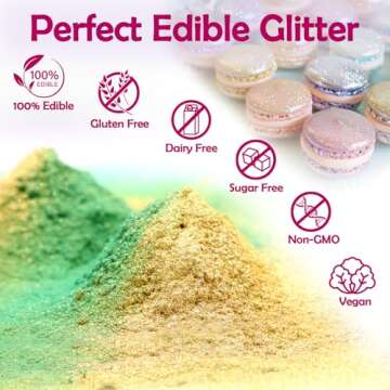 Edible Glitter - 6 Colors Luster Dust Edible, Food Grade Cake Decorating Shimmering Glitter for Drinks, Powder Glitter for Fondant, Chocolate, Candy, Cookie- 3g, Vegan