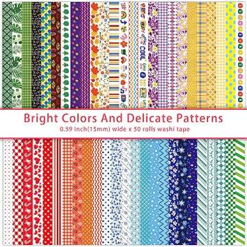 emmoolife 50 Rolls Washi Tape Set, 15mm Wide Rainbow Colored Tape Aesthetic Design Masking Decorativ...