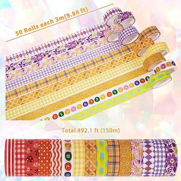 emmoolife 50 Rolls Washi Tape Set, 15mm Wide Rainbow Colored Tape Aesthetic Design Masking Decorative Tape for Scrapbooking Supplies, Bullet Journaling, Junk Journal, Wrapping Planners, DIY Arts Craft