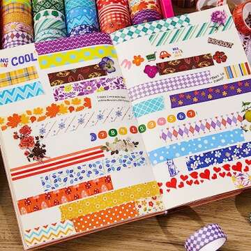 emmoolife 50 Rolls Washi Tape Set, 15mm Wide Rainbow Colored Tape Aesthetic Design Masking Decorative Tape for Scrapbooking Supplies, Bullet Journaling, Junk Journal, Wrapping Planners, DIY Arts Craft