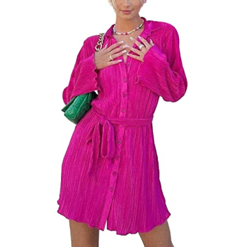 LYANER Women's Pleated Long Sleeve Mini Shirt Dress