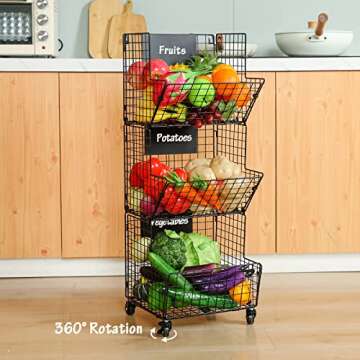 X-cosrack 3 Tier Rolling Metal Wire Baskets - Wall Storage Basket Organizer with Wheel, S-Hooks, Hanging Baskets Stand for Kitchen, Fruit, Vegetables