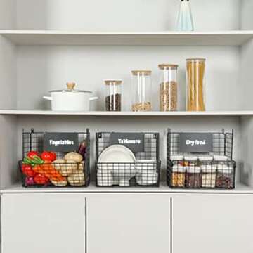 X-cosrack 3 Tier Rolling Metal Wire Baskets - Wall Storage Basket Organizer with Wheel, S-Hooks, Hanging Baskets Stand for Kitchen, Fruit, Vegetables