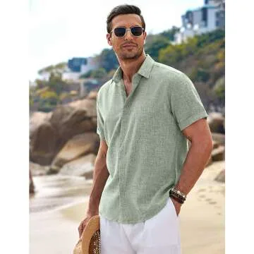Men's Linen Short Sleeve Button Down Beach Shirt