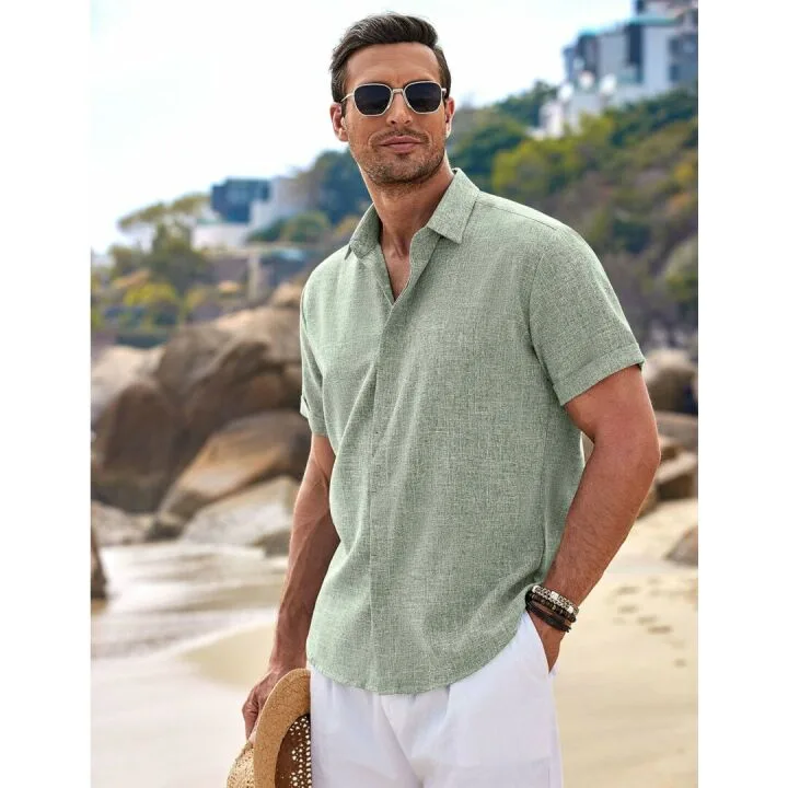 Men's Linen Short Sleeve Button Down Beach Shirt