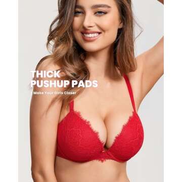 DOBREVA Women's Push Up Bra Lace Full Coverage Plunge Padded Support Underwire Bras Add 1.5 Cup Lips...