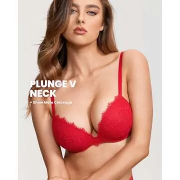 DOBREVA Women's Push Up Bra Lace Full Coverage Plunge Padded Support Underwire Bras Add 1.5 Cup Lipstick Red 36A