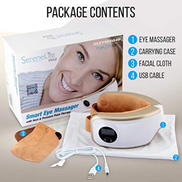 SereneLife Smart Eye Massager with Heat and Compression, Vibration, Music, Wireless Heated Mask for Migraines and Stress Therapy (Legacy Gold)