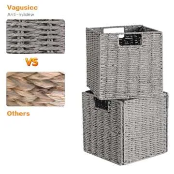 Vagusicc Storage Basket, Set of 2 Hand-Woven Paper Rope Wicker Baskets for Storage, Foldable Cube Storage Bins Organizer, 9 inch Medium Wicker Storage Baskets for Shelves Pantry Organizing Decor, Grey