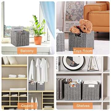 Vagusicc Storage Basket, Set of 2 Hand-Woven Paper Rope Wicker Baskets for Storage, Foldable Cube Storage Bins Organizer, 9 inch Medium Wicker Storage Baskets for Shelves Pantry Organizing Decor, Grey