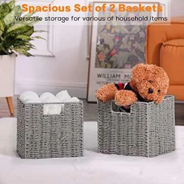 Vagusicc Storage Basket, Set of 2 Hand-Woven Paper Rope Wicker Baskets for Storage, Foldable Cube Storage Bins Organizer, 9 inch Medium Wicker Storage Baskets for Shelves Pantry Organizing Decor, Grey