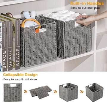 Vagusicc Storage Basket, Set of 2 Hand-Woven Paper Rope Wicker Baskets for Storage, Foldable Cube Storage Bins Organizer, 9 inch Medium Wicker Storage Baskets for Shelves Pantry Organizing Decor, Grey