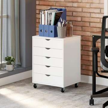 YITAHOME 5 Drawer Chest, Mobile File Cabinet with Wheels, Home Office Storage Dresser Cabinet, White