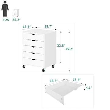 YITAHOME 5 Drawer Chest, Mobile File Cabinet with Wheels, Home Office Storage Dresser Cabinet, White