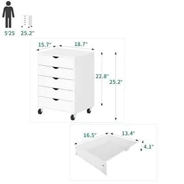 YITAHOME 5 Drawer Chest, Mobile File Cabinet with Wheels, Home Office Storage Dresser Cabinet, White