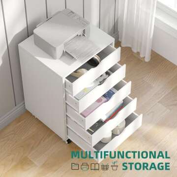 YITAHOME 5 Drawer Chest, Mobile File Cabinet with Wheels, Home Office Storage Dresser Cabinet, White