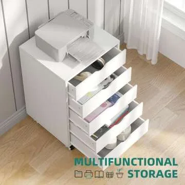 YITAHOME 5 Drawer Chest, Mobile File Cabinet with Wheels, Home Office Storage Dresser Cabinet, White