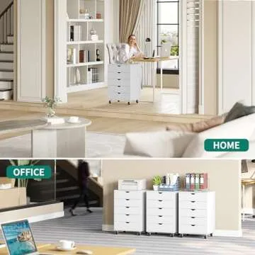 YITAHOME 5 Drawer Chest, Mobile File Cabinet with Wheels, Home Office Storage Dresser Cabinet, White