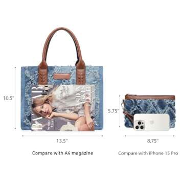 VANSARTO Denim Tote Bag for Women Top Handle Satchel Purse Boho Shoulder Handbags with Wristlet
