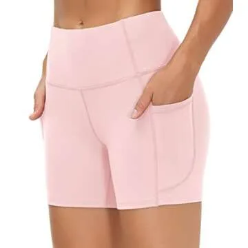 THE GYM PEOPLE High Waist Yoga Shorts for Women's Tummy Control Fitness Athletic Workout Running Shorts with Deep Pockets (Medium, Pink)