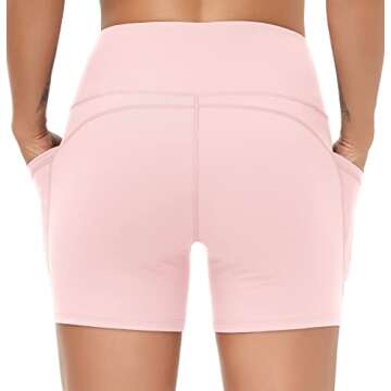 THE GYM PEOPLE High Waist Yoga Shorts for Women's Tummy Control Fitness Athletic Workout Running Shorts with Deep Pockets (Medium, Pink)