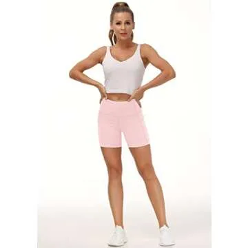 THE GYM PEOPLE High Waist Yoga Shorts for Women's Tummy Control Fitness Athletic Workout Running Shorts with Deep Pockets (Medium, Pink)