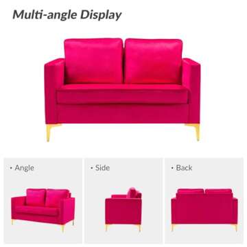 HULALA HOME Modern Velvet Loveseat Sofa with Gold Legs, Comfy Upholstered Small Love Seat Couch with Removable Cushions, 2-Seater Sofa for Living Room Bedroom, Fushia