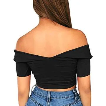 ZileZile Women's Sexy Off Shoulder V Neck Short Sleeves Club Crop Top Black