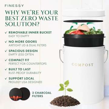 White 1.3 Galion Indoor Compost Bin Kitchen Odorless with Lid for Composting Food Waste Bucket for C...