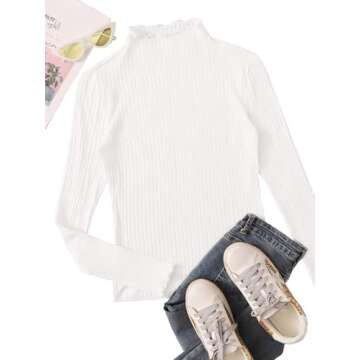 SweatyRocks Women's Casual Mock Neck Long Sleeve Ribbed Knit Slim Fit T Shirts White M